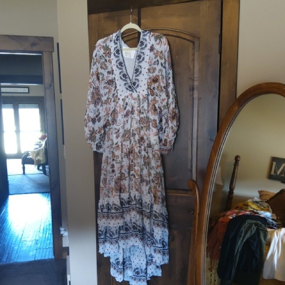 Anthropologie White Maxi Dress with Brown & Black Floral Print